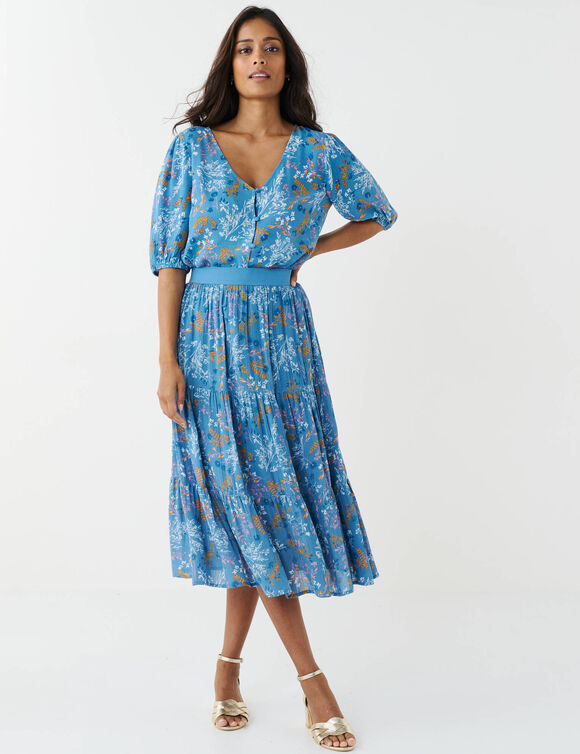 Chemisier boutonné imprimé fleuri, crépon (bleu) Chemisier boutonné imprimé fleuri, crépon (bleu)